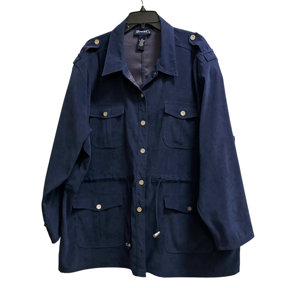 Denim & Co Utility Field Jacket Womens 3X Navy Blue Faux Suede A61138